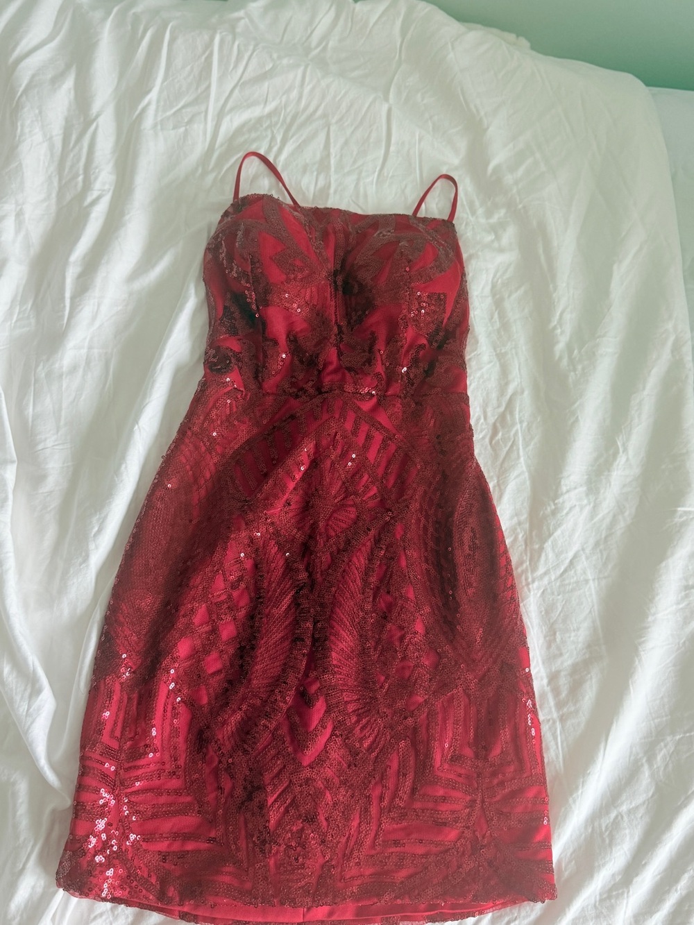 Elegant Red Sequin Spaghetti-Strap Dress with tied back